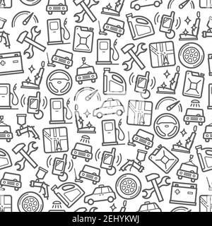 Auto service and car repair spare parts seamless pattern. Vector line background of automobile speedometer, lug wrench and mechanic tools, gas station Stock Vector