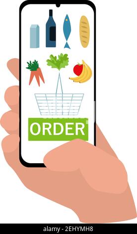 hand holds a smartphone and orders food in the application. secure contactless delivery and shopping concept. flat style Stock Vector