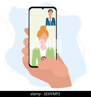 video conference in a smartphone. conference call with colleague. flat vector illustration isolated. Stock Vector