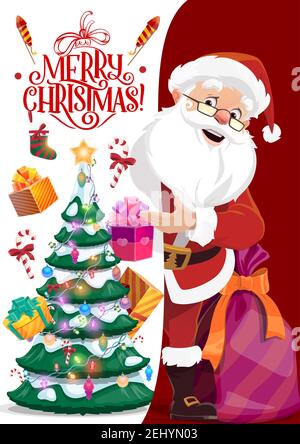 Santa Claus and paper with Merry Christmas wishes, vector Xmas tree. Winter holiday, fairy character and greetings. Fir in garland and gift box, sock Stock Vector