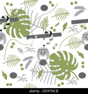 Seamless pattern of jungle animals, lemurs on a branch Stock Vector