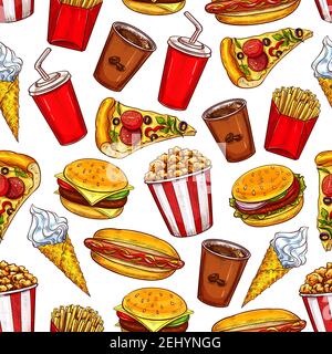 Fast food burgers, drinks and desserts vector seamless pattern background. Hamburger, hot dog and pizza, coffee, cheeseburger and soda, ice cream and Stock Vector