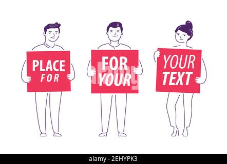 Happy people holding placards. Collaboration and teamwork concept Stock Vector