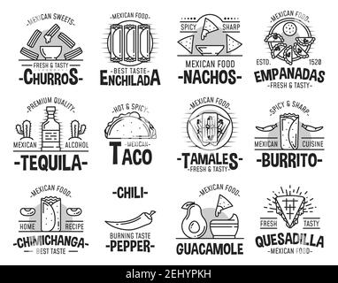 Mexican cuisine restaurant or cafe icons. Vector sweet churros dessert, taco or burrito and quesadilla, nachos with avocado guacamole salsa and cimich Stock Vector