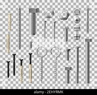Construction fasteners and furniture screws, bolts and nuts. Vector realistic metallic lag screws, bolts and hex cap nuts, wood fasteners or eye hooks Stock Vector