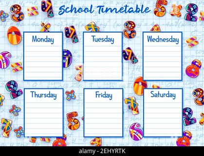 School timetable of weekly student schedule vector template. Lessons plan on background of notebook paper sheet with numbers, digits and mathematical Stock Vector