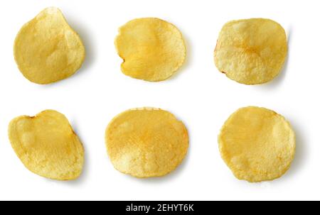 various potato chips isolated on white background, top view Stock Photo