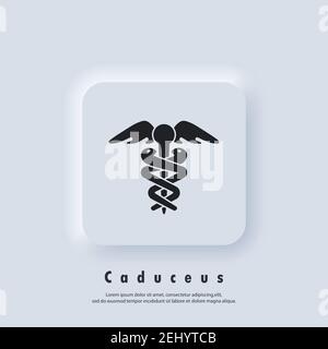 Caduceus icon. Hermes healthcare logo. Medical sign. Vector. UI icon. Neumorphic UI UX white user interface web button. Neumorphism Stock Vector