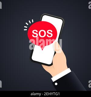 SOS message in the phone. 911 calling in flat style. First aid. Call screen smartphone. Hand with a phone asks for help. A cry for help, a SOS signal. Stock Vector