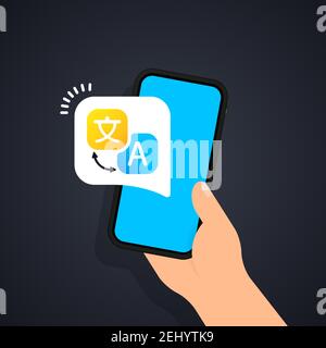 Online multi language translator, vector illustration. Smartphone with Translation app icon on the screen. Online voice translator. E-learning, transl Stock Vector