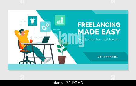 Happy freelancer sitting at desk in his home office, thinking solutions and relaxing: he is working smarter, not harder, low-stress job concept Stock Vector