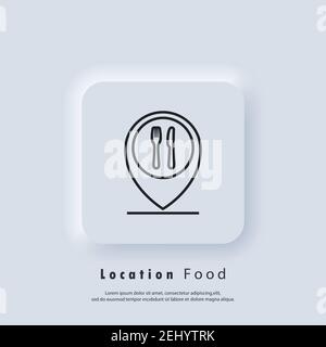 Food location logo. Mobile app icon public catering point. App symbol restaurant address location. Pointer cursor with knife fork. Vector EPS 10. UI i Stock Vector