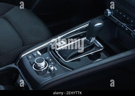 Car interior - gear stick of Mazda CX-5 AWD crossover, Moscow, 18 Feb 2021 Stock Photo