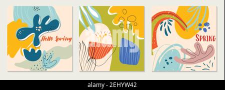Bundle of modern vector collages with hand drawn organic shapes,textures and graphic elements. Trendy spring card. Design perfect for prints,social me Stock Vector