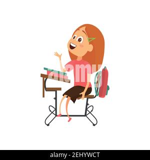 Illustration of a Little Girl Raising Her Hand in Class. Stock Vector