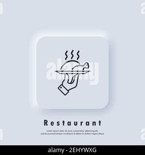 Restaurant icon. Food tray. Chicken on a tray line icon. Roasted poultry meat hot steaming dish. Vector. Neumorphic UI UX white user interface web but Stock Vector