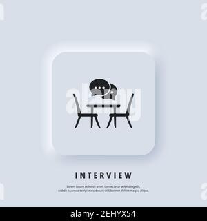 Interview icon. Conference meeting room, board flat icon. Concilium icon, business meeting. Office desk, chairs with a speech bubble. People sitting a Stock Vector