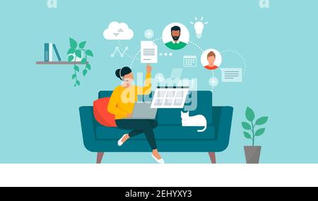 Woman working from home and having a conference call with her virtual team online, remote work and outsourcing concept Stock Vector