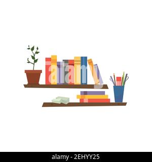 Illustration of a wooden shelf with books on a white background. Stock Vector