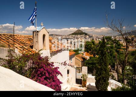 Cycladic Church Saint George in the Athens neighborhood of Anafiotika in Greece. Stock Photo