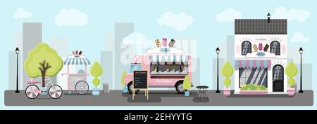 A big set of ice cream. Ice cream parlour, street ice cream cart, food track selling fruit ice. Vector flat illustration of a pastry shop on wheels in Stock Vector