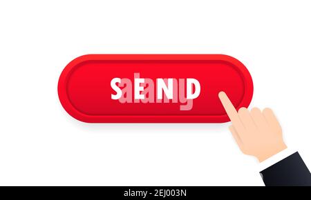 Hand clicking send button icon. Hand push the button send. Social media concept. Vector on isolated white background. EPS 10 Stock Vector