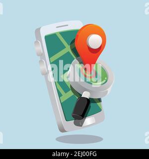 search location. pin icon in front of magnifier in mobile map application.   3d, three dimentional drawing cartoon style toy like illustration Stock Vector