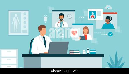 Doctor connecting online and talking with other healthcare professionals on a video conference call, virtual medical conference and telemedicine conce Stock Vector