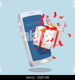 gift box in front of smartphone. Stock Vector