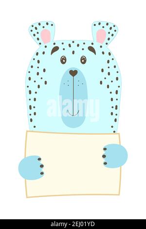 Cute cartoon snow leopard animal holding tag sign with copy space. set greeting card banner invitation flyer brochure. cartoon hand drawn style. Littl Stock Vector