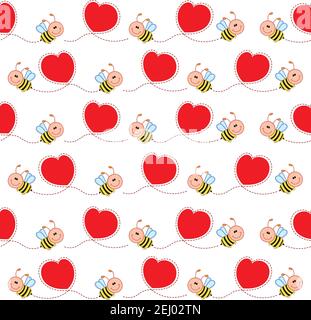 Honey Bee seamless pattern background with lovely hearts vector illustration Stock Vector