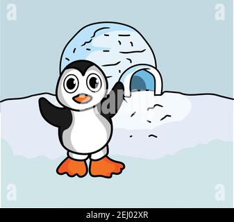 Cartoon Baby Penguin illustration Vector near igloo isolated Stock Vector