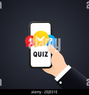 Quiz banner. Hand holding phone with message box with question mark icon. Vector on isolated white background. EPS 10 Stock Vector