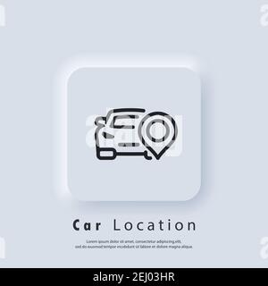 Rent car logo. Car location pin icon. Geolocation auto. Vector EPS 10. UI icon. Neumorphic UI UX white user interface web button. Neumorphism Stock Vector