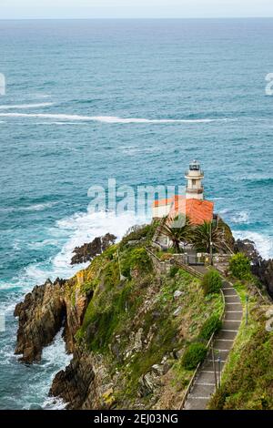 Cudillero lighthouse in on the Coast of Asturias, Spain. Picturesque seascape with an old building.