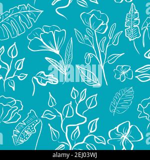 Seamless pattern of white hand draw tropical leaves and  flowers. Botany light vector background, jungle  wallpaper. Stock Vector