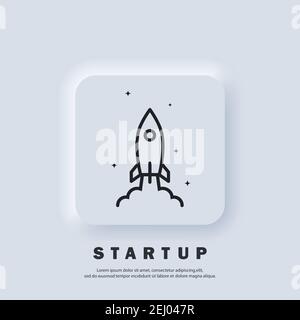 Startup rocket. Start up icon. Rocket launch and smoke. Startup project concept. Vector. UI icon. Neumorphic UI UX white user interface web button. Stock Vector