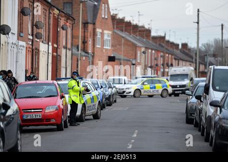 Leicester, Leicestershire, UK 20th Feb 2021. UK. Police activity on Lothair Road in Leicester. Multiple police cars and an Air Ambulance helicopter were in attendance at the scene. Alex Hannam/Alamy Live News Stock Photo