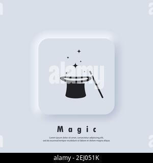 Magic logo. Wand magic hat icon. Illusionist, party service or event agency. Vector. UI icon. Neumorphic UI UX white user interface web button. Neumor Stock Vector