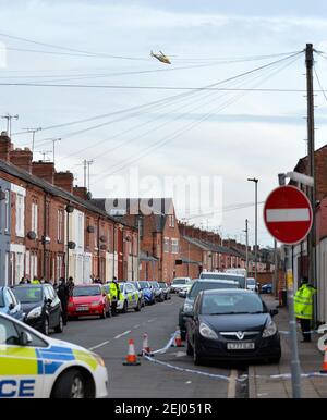 Leicester, Leicestershire, UK 20th Feb 2021. UK. Police activity on Lothair Road in Leicester. Multiple police cars and an Air Ambulance helicopter were in attendance at the scene. Alex Hannam/Alamy Live News Stock Photo