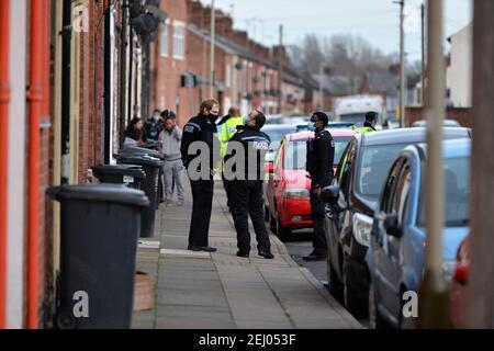 Leicester, Leicestershire, UK 20th Feb 2021. UK. Police activity on Lothair Road in Leicester. Multiple police cars and an Air Ambulance helicopter were in attendance at the scene. Alex Hannam/Alamy Live News Stock Photo