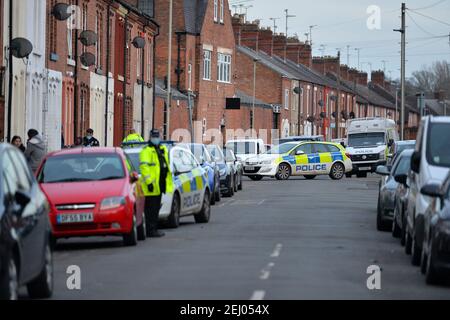 Leicester, Leicestershire, UK 20th Feb 2021. UK. Police activity on Lothair Road in Leicester. Multiple police cars and an Air Ambulance helicopter were in attendance at the scene. Alex Hannam/Alamy Live News Stock Photo