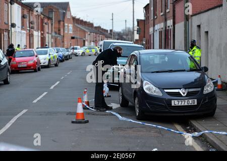 Leicester, Leicestershire, UK 20th Feb 2021. UK. Police activity on Lothair Road in Leicester. Multiple police cars and an Air Ambulance helicopter were in attendance at the scene. Alex Hannam/Alamy Live News Stock Photo