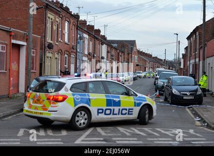 Leicester, Leicestershire, UK 20th Feb 2021. UK. Police activity on Lothair Road in Leicester. Multiple police cars and an Air Ambulance helicopter were in attendance at the scene. Alex Hannam/Alamy Live News Stock Photo