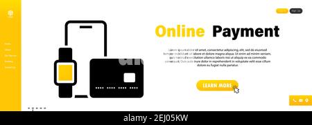 Online shopping or e-commerce icon. Concepts mobile payments. Smartphone, bank card and pointer with button pay. Transfer money from the card. Vector Stock Vector