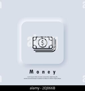 Cash icon. Money logo. Banknote or dollar bill icon. Money icons. Vector. UI icon. Neumorphic UI UX white user interface web button. Neumorphism Stock Vector
