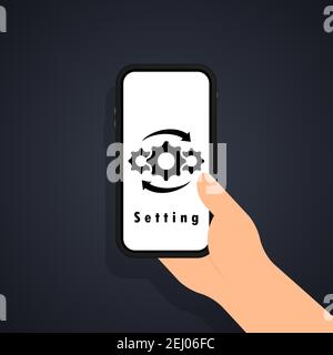 Gear icon on the phone in hand. Setting icon. Vector on isolated white background. EPS 10. Stock Vector