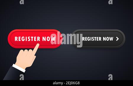Hand push the button register now. Register now button icon set. For website. Registration. Vector on isolated background. EPS 10 Stock Vector