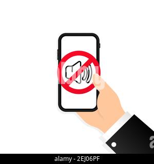Hand holding smartphone sound off. Silent mode of smartphone. No sound sign. Volume off or mute mode sign for smartphone. Silent mode icon. Smartphone Stock Vector