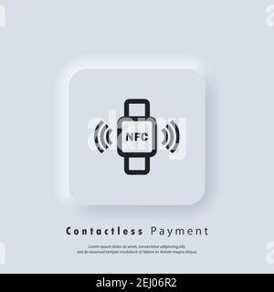 NFC bracelet connected to smartphone linear icon. NFC phone synchronized with smartwatch. RFID wristband. Contactless Payment icon. Nfc icon. Wireless Stock Vector